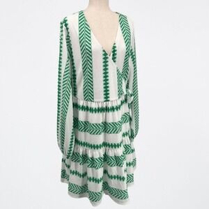Cato Womens Plus Size 18/20W Green White Geometric Wrap Dress Tiered Long Sleeve